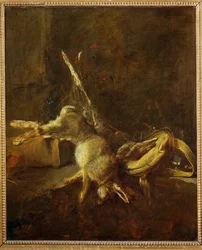 Two Hares, a Game Bag and Powder-Flask