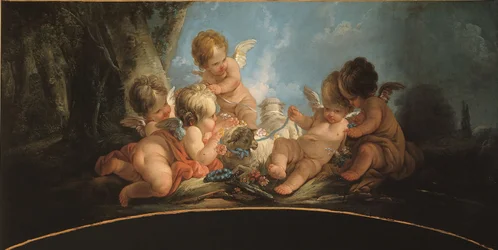 Group of Five Lovers Playing with Two Sheep