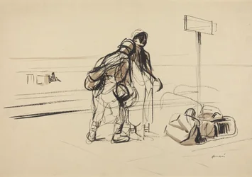 a) Two French Soldiers near a Notice Board (recto); b) Nursemaid and Children with Horse or Donkey (verso)