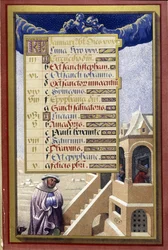 January: House in winter (Aquarius) - facsimile of the Hours of Anne of Brittany, by Jean Bourdichon