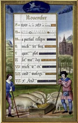 November and sign of Sagittarius: pig breeding - facsimile of the Hours of Anne de Bretagne, by Jean Bourdichon