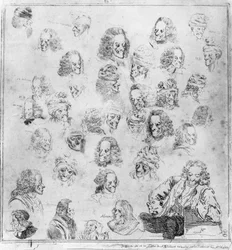 Different tunes in 30 Voltaire heads. Portraits of Francois Marie Arouet, dit Voltaire different physiognomies of Voltaire. Strong water attributed to Dominique Vivant-Denon after Jean Huber. Musee C