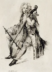 Cello player, engraving, France