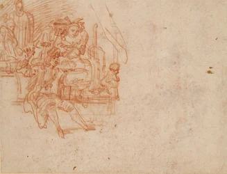 Quack Doctor seated on Stage, selling Wares, with four Figures and a Monkey
