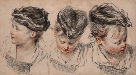 Three head studies of a girl wearing a hat