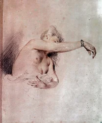 Nude woman, arm raised. Blood drawing by Jean-Antoine Watteau (1684-1721), 18th century. 0.28 x 0.23 m. Paris, Musée du Louvre