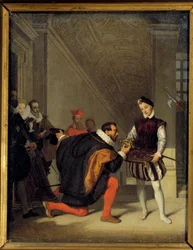 Don Pedro de Toledo, ambassador of Philip II kissing the sword of Henry IV (1553-1610). Staircase Henri II in the Louvre