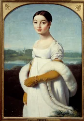 Portrait of Mademoiselle Caroline Rivière: The young woman is dressed in the fashion of the First Empire. Painting by Jean Auguste Dominique Ingres (1780-1867), 1805, 1 x 0.7 m