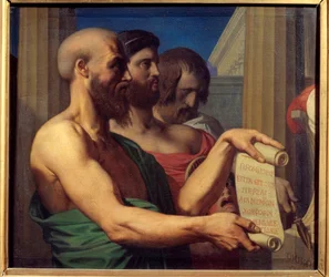 Portraits of playwrights Aeschylus (525-456 BC), Sophocles (495-406 BC) and Euripides (480-406 BC). Painting by Jean Auguste Dominique Ingres (1780-1867) 1866