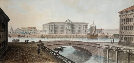 View of the Academy of Fine Arts from the Neva in Saint Petersburg. Work by Jean Balthazard de la Traverse, watercolor and gouache on paper, late 1790s