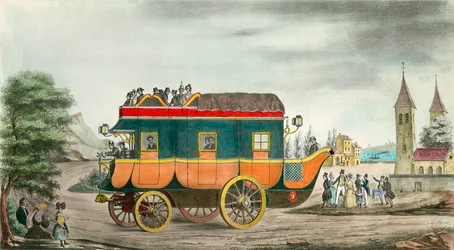 The car (or diligence) has steam: French invention of 1835 (engraving by Ange Tissier)