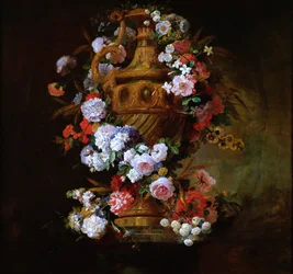 Vase surrounded by a garland of flowers