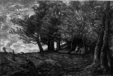 Woodcutters. Engraving after the painting by Jean Baptiste Camille Corot in “The Illustrious World” n°1209 of May 29