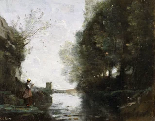 A River with a Square Tower and a Farmer in the Foreground