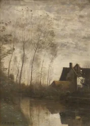A River Scene with Houses and Poplars