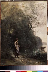 Shepherdess with a Cow at the Edge of the Forest