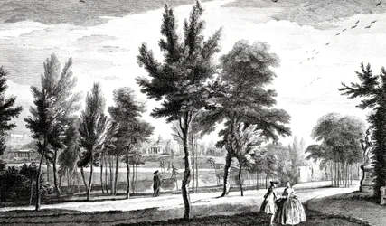 A View of the Elysian Fields from the Spring of Helicon, Stowe House Gardens, engraved by George Bickham, 1753