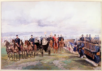 Tsar Nicolas reviews the troops with Felix Faure in Chalon-sur-Marne during his visit in France, October 9th