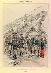 Types and Uniforms of the French Army: Indigenous Tirailleurs in Column in 1886, Private Collection