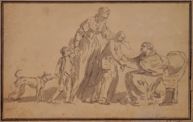 Two children and mother welcomed by an old nurse