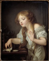 Young girl hesitant to touch a bird for fear that it is dead, or the dead bird. Painting by Jean Baptiste Greuze (1725-1805), 1800. Sun. 0.68 x 0.55 m