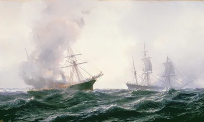 A ship on fire at sea, with another standing by