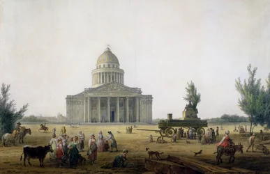 View of the Pantheon in Paris with a carriage bearing a statue of Jean-Jacques Rousseau (1712-78), c.1792