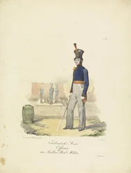 Artillery officer, 1820-1825; Dutch Army, Artillery Officer of the National Militia (title on object); Military Costumes of the Kingdom of the Netherlands. Dedicated to His Excellency Willem van Bylandt (series title on object)
