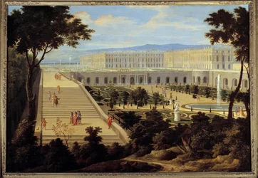 View of the Orangerie, the stairs of the Cent-Marches and the Château of Versailles circa 1695. Painting attributed to Jean-Baptiste Martin the Elder (1659 - 1735). 1695. Sun. 1,15 x 1,65 m