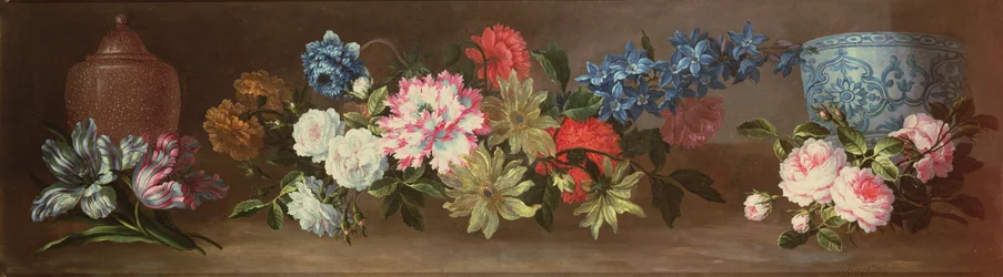 Still life of Roses and Other Roses on a Ledge with Two Ginger Jars