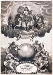 Portrait of Louis XIV, flying over a terrestrial globe, title page