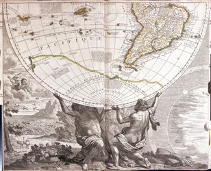 Two men support the earthly globe, with the map of South America