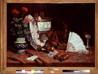 Still Life with Fan, Vase, Pot of Geraniums, Binoculars
