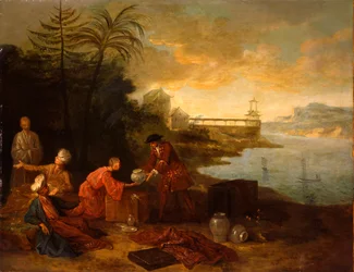 Asia - A European merchant buying porcelain from a Chinese trader