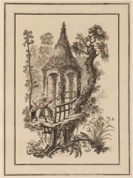 Three Figures in Front of Structure with Trees