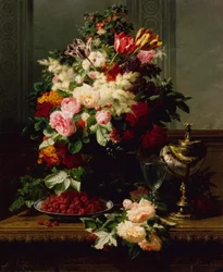 A Still Life of Roses, Tulips and Other Flowers on a German Compote