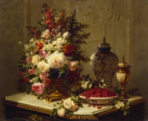 Still life with flowers and raspberries