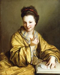 A Young Lady, Wearing a Yellow Robe, Seated at a Table, Beckoning