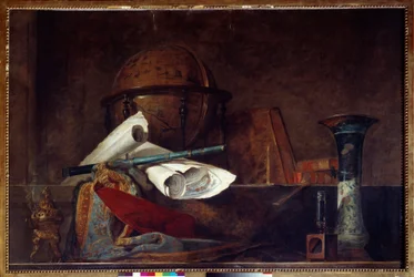 Allegory of science Still life, globe, geographic maps, books and vase