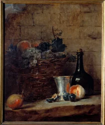 Basket of White and Black Grapes, Silver Cup and Bottle