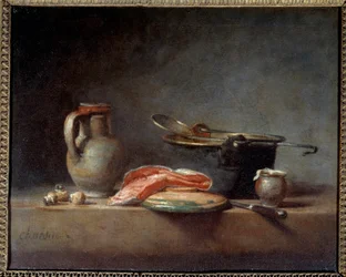 Copper Pot, Skimmer, Jug and Slice of Salmon. Still Life