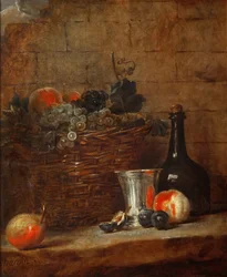 Fruit Basket with Grapes, a Silver Goblet and a Bottle, Peaches, Plums, and a Pear