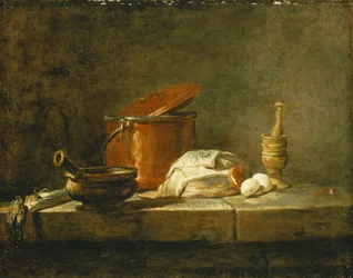 Leeks, a Casserole, a Copper Pot with a Cover, a Slice of Fish, an Onion and Two Eggs, with a Pestle and Mortar, on a Ledge