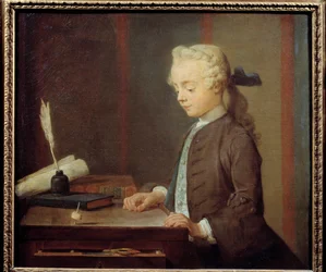 The Toton Child. A child playing toton, a kind of top with four faces. 1738
