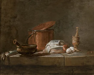 Leeks, a Casserole with a Cloth, a Copper Pot and Cover, an Onion and Eggs with a Pestle and Mortar, on a Stone Ledge