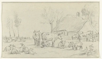 Farmyard with Cattle and Milking Woman