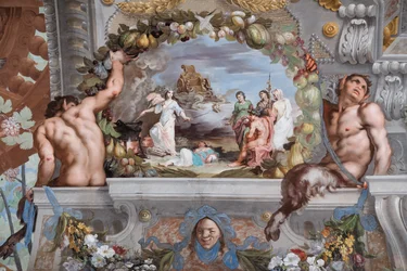 Medea, in front of a tripod, rejuvenates the nurses of Bacchus placed in front of the sorceress in the company of the god