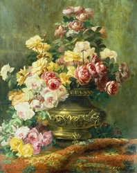 An Opulent Still Life of Roses in a Brass Urn