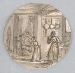 Design for a Painted Porcelain Plate, Kitchen Scene with Rear Bedroom, possibly for the Dessert Service