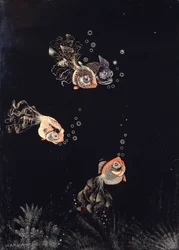 A lacquered panel by Jean Dunand, depicting an underwater scene with red and gold fish blowing air bubbles